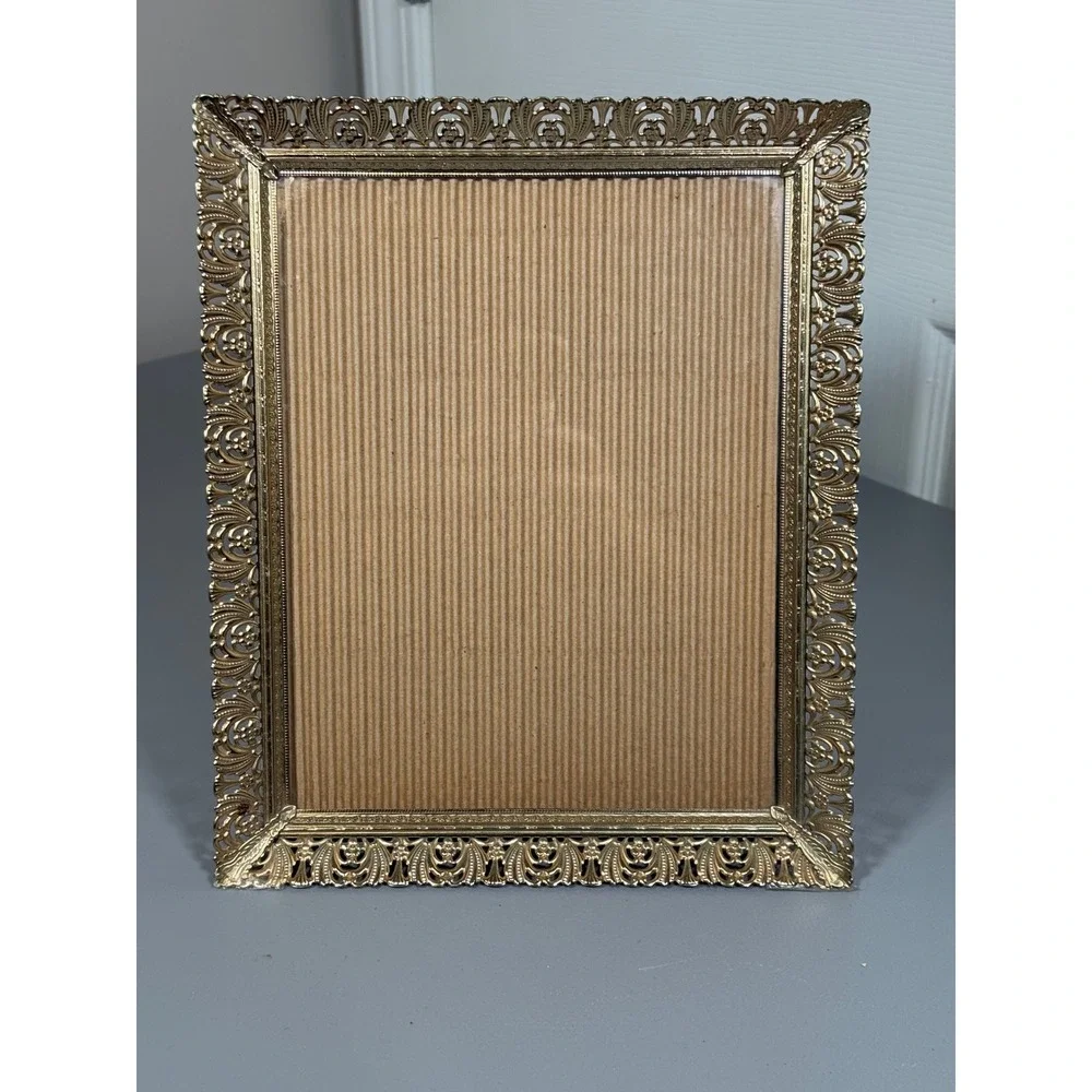 Vintage Gold Filigree Metal Picture Frame Ornate Hollywood Regency 8x10 Tabletop